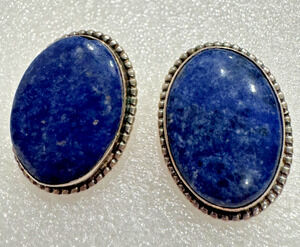 Vintage Sterling Silver 925 Lapis Lazuli Oval Stud Large Earrings Beaded Bezel